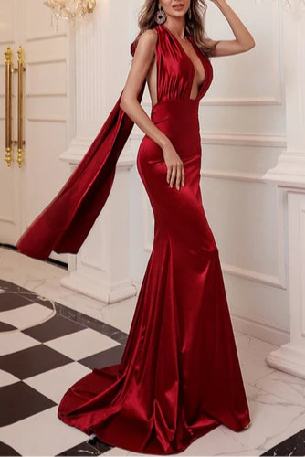Burgundy Satin Halter Neck Mermaid Open Back Floor Length Long Evening Dress With Train