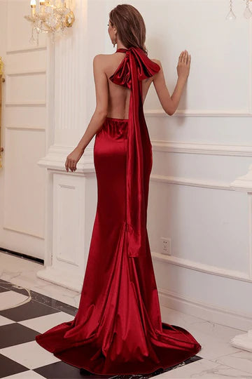 Burgundy Satin Halter Neck Mermaid Open Back Floor Length Long Evening Dress With Train