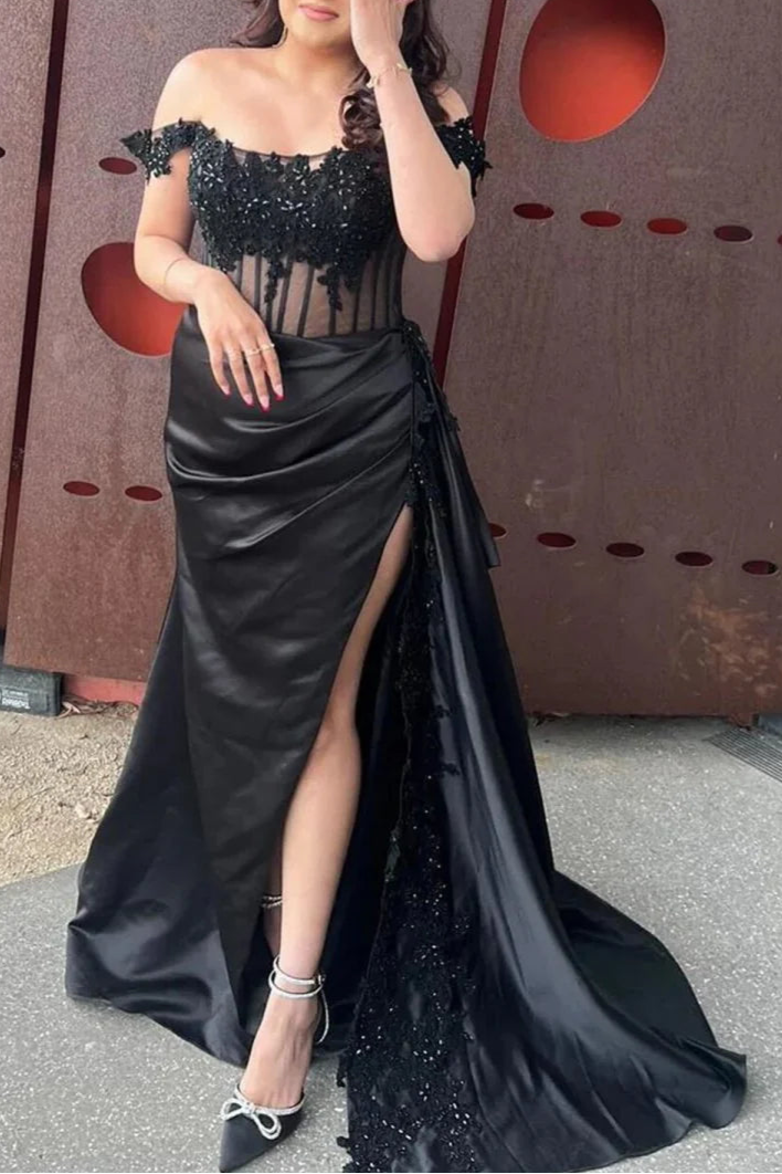 Burgundy Satin Lace Beaded Off the Shoulder Pleated High Slit Evening Dress With Appliques