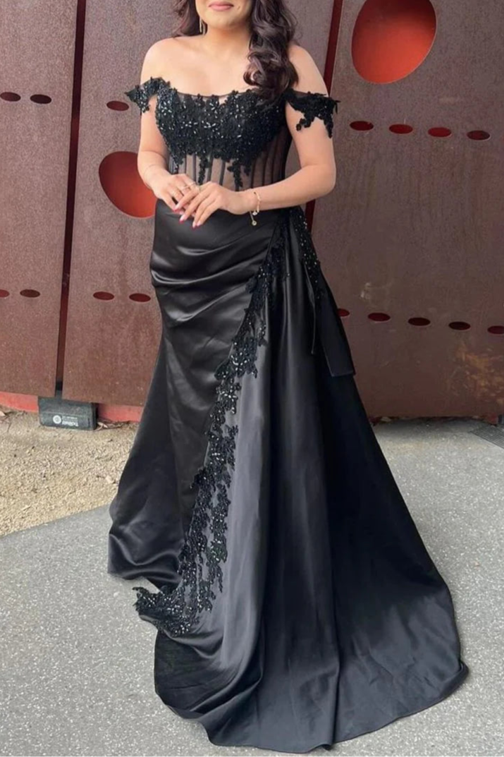 Burgundy Satin Lace Beaded Off the Shoulder Pleated High Slit Evening Dress With Appliques