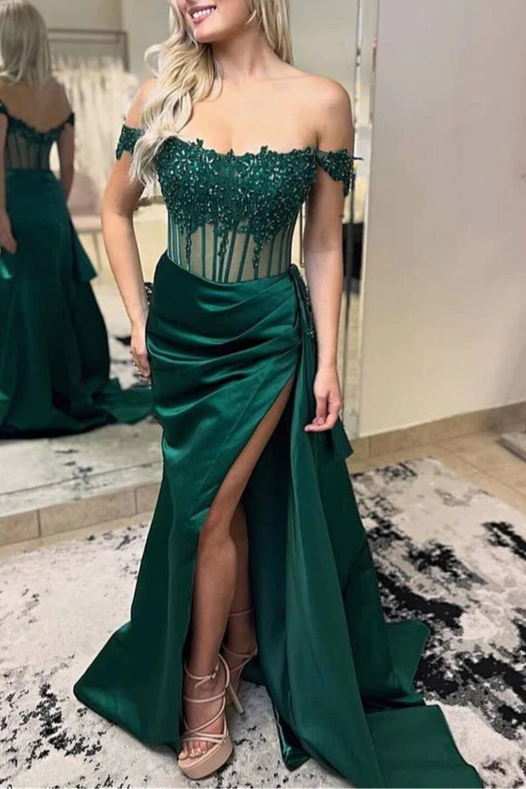 Burgundy Satin Lace Beaded Off the Shoulder Pleated High Slit Evening Dress With Appliques