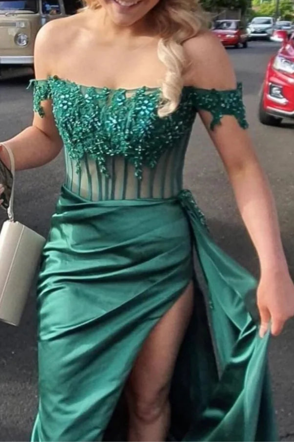 Burgundy Satin Lace Beaded Off the Shoulder Pleated High Slit Evening Dress With Appliques