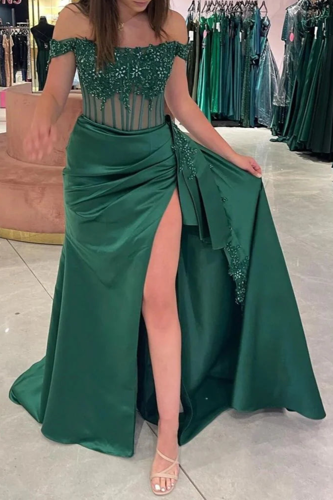 Burgundy Satin Lace Beaded Off the Shoulder Pleated High Slit Evening Dress With Appliques