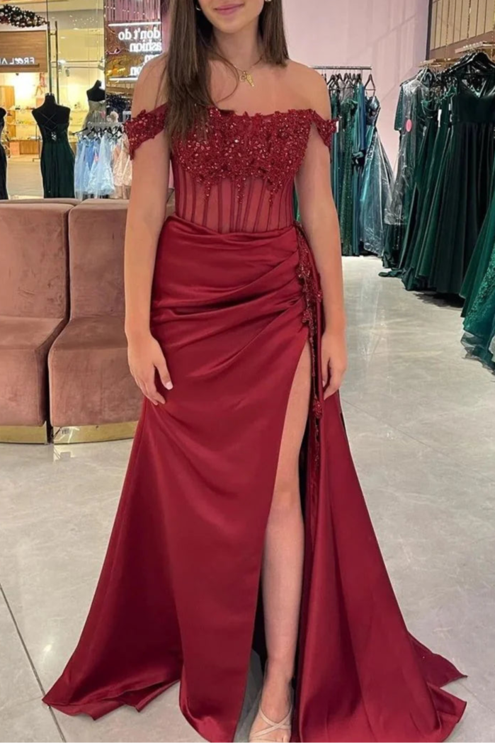 Burgundy Satin Lace Beaded Off the Shoulder Pleated High Slit Evening Dress With Appliques