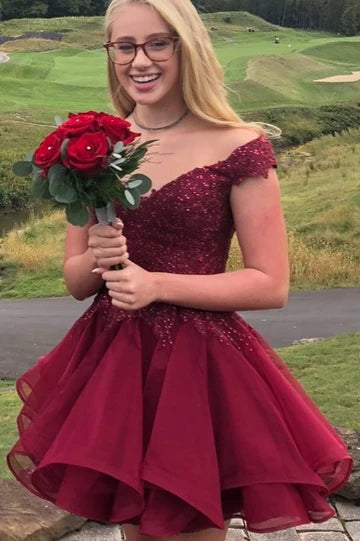 Burgundy Satin Lace V Neck Off-Shoulder A-Line Empire-Waist Appliques Short Homecoming Dress