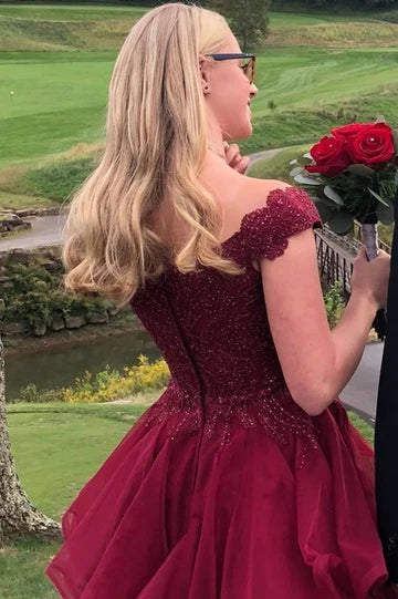 Burgundy Satin Lace V Neck Off-Shoulder A-Line Empire-Waist Appliques Short Homecoming Dress