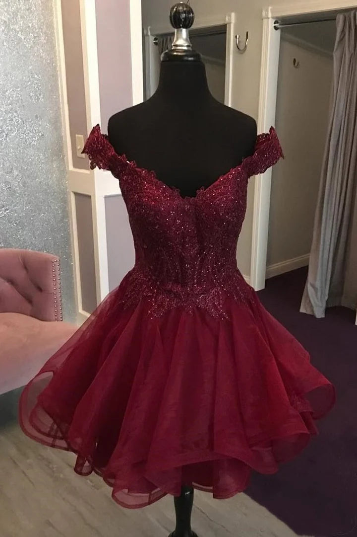 Burgundy Satin Lace V Neck Off-Shoulder A-Line Empire-Waist Appliques Short Homecoming Dress