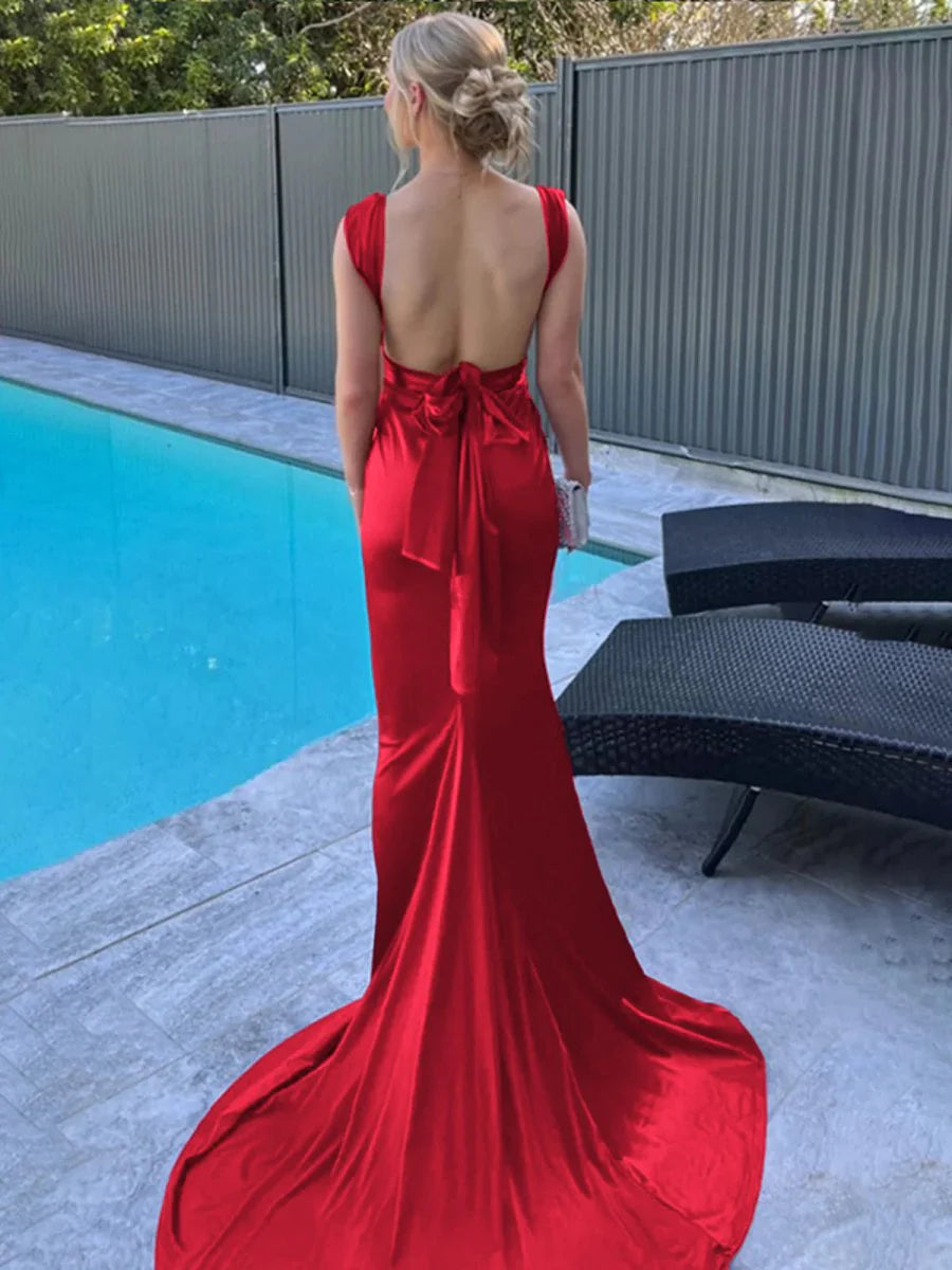 Burgundy Satin Low Collar Straps Mermaid Open Back Pleated Long Prom Dress With Sweep Train