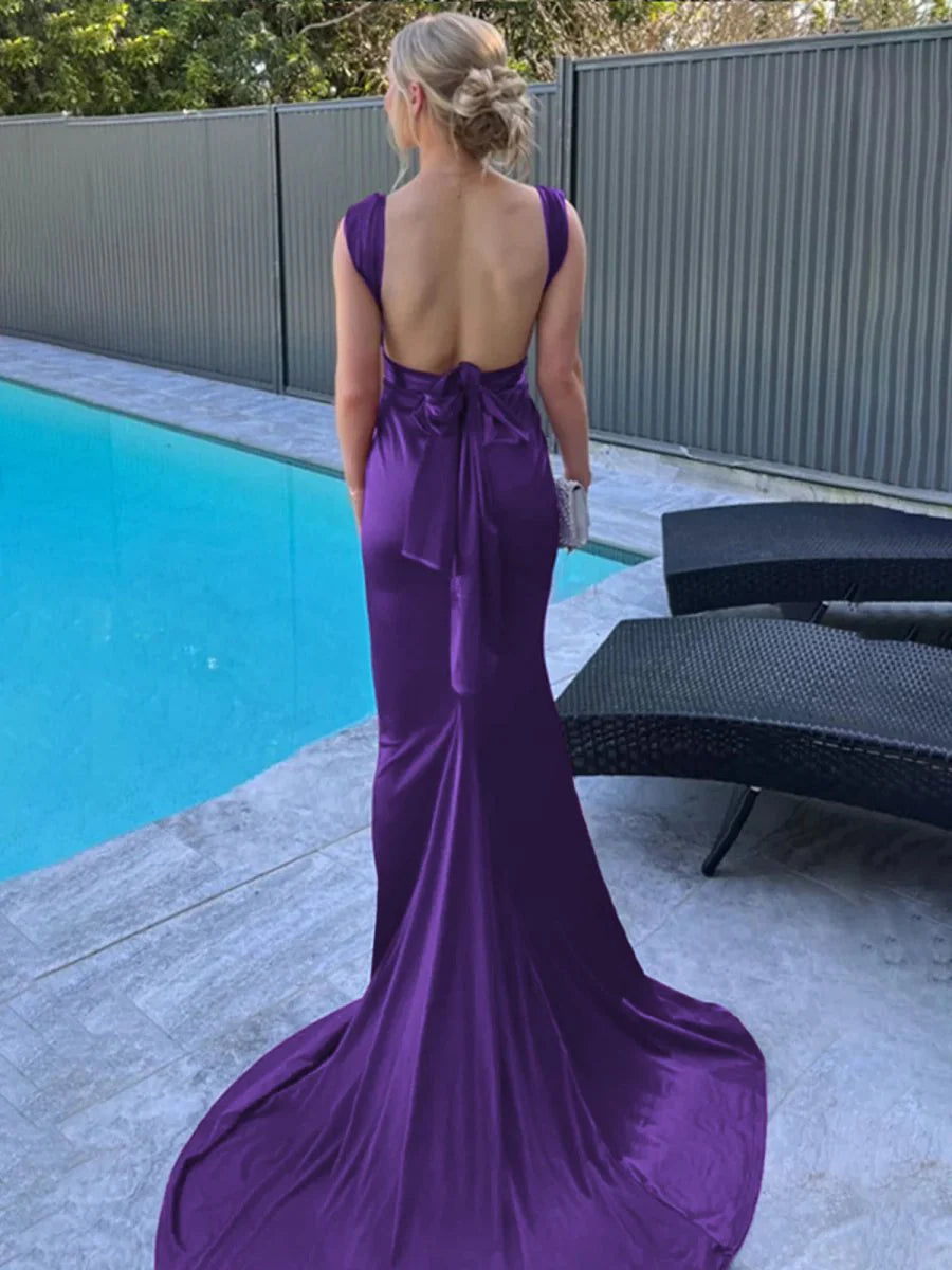 Burgundy Satin Low Collar Straps Mermaid Open Back Pleated Long Prom Dress With Sweep Train