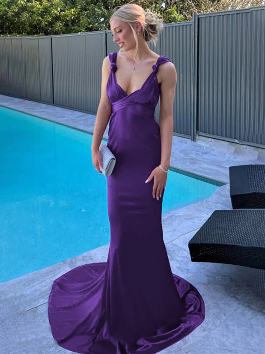 Burgundy Satin Low Collar Straps Mermaid Open Back Pleated Long Prom Dress With Sweep Train