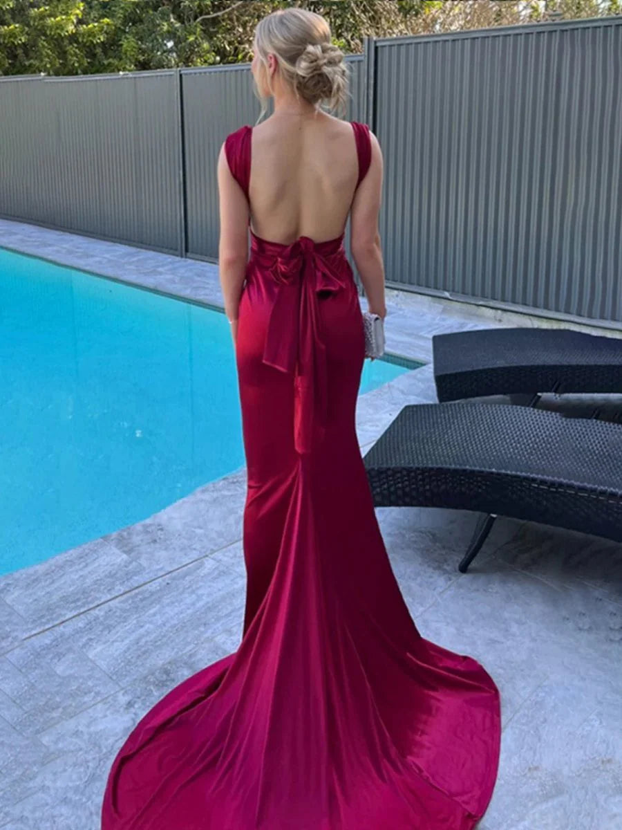 Burgundy Satin Low Collar Straps Mermaid Open Back Pleated Long Prom Dress With Sweep Train