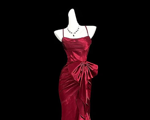 Burgundy Satin Mermaid Spaghetti Straps Pleated Bow Long Evening Dress With Sweep Train