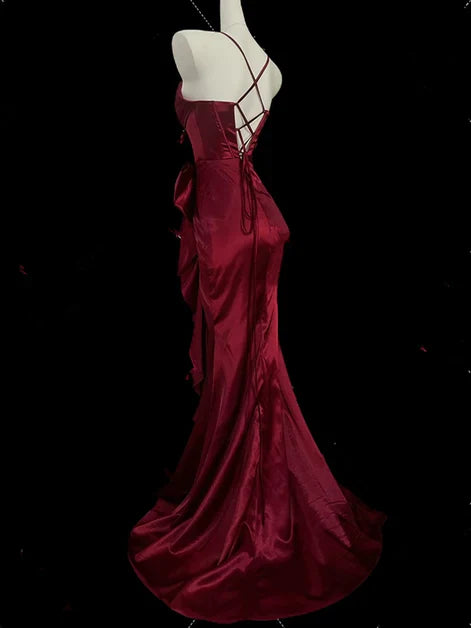 Burgundy Satin Mermaid Spaghetti Straps Pleated Bow Long Evening Dress With Sweep Train