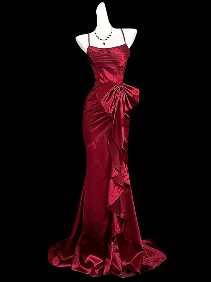 Burgundy Satin Mermaid Spaghetti Straps Pleated Bow Long Evening Dress With Sweep Train