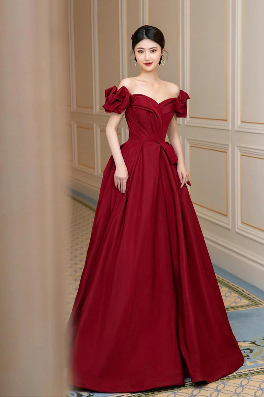 Burgundy Satin Off Shoulder A-Line Long Prom Dress Evening Party Dress