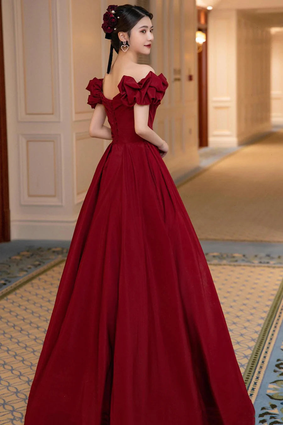 Burgundy Satin Off Shoulder A-Line Long Prom Dress Evening Party Dress