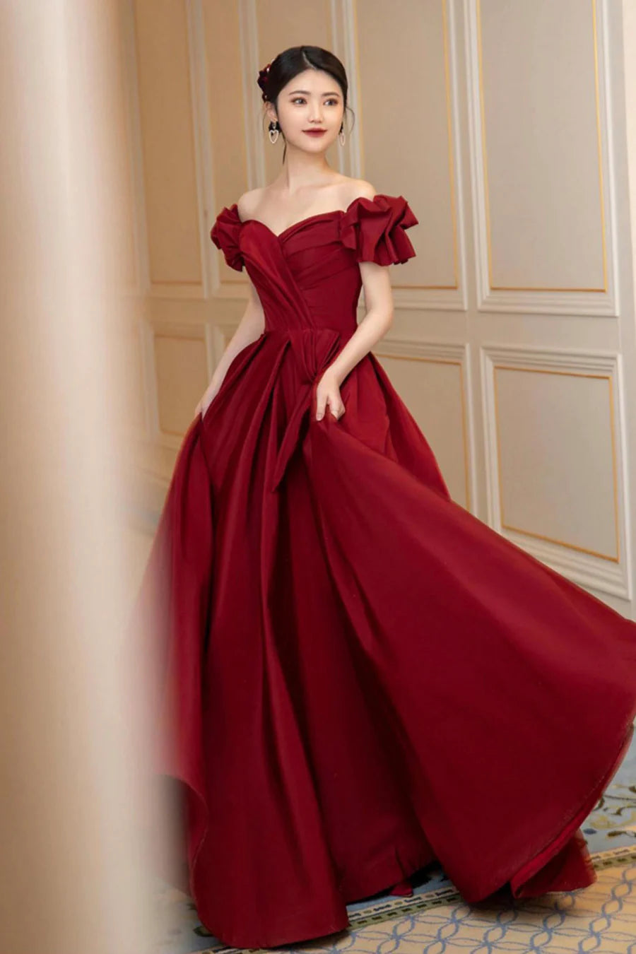 Burgundy Satin Off Shoulder A-Line Long Prom Dress Evening Party Dress