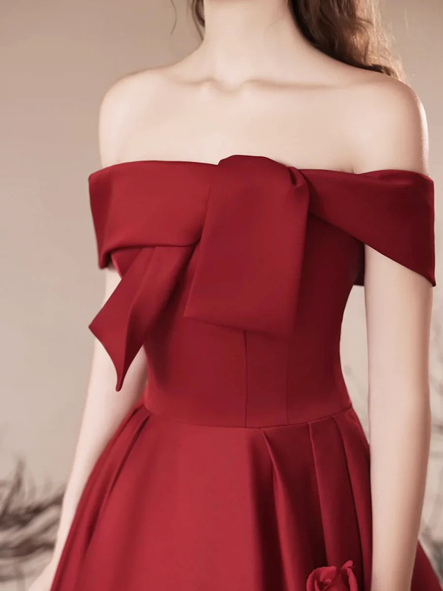 Burgundy Satin Off the Shoulder Long Prom Dress Discount Long Party Dresses For Ladies