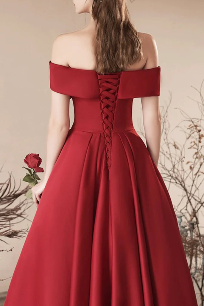 Burgundy Satin Off the Shoulder Long Prom Dress Discount Long Party Dresses For Ladies