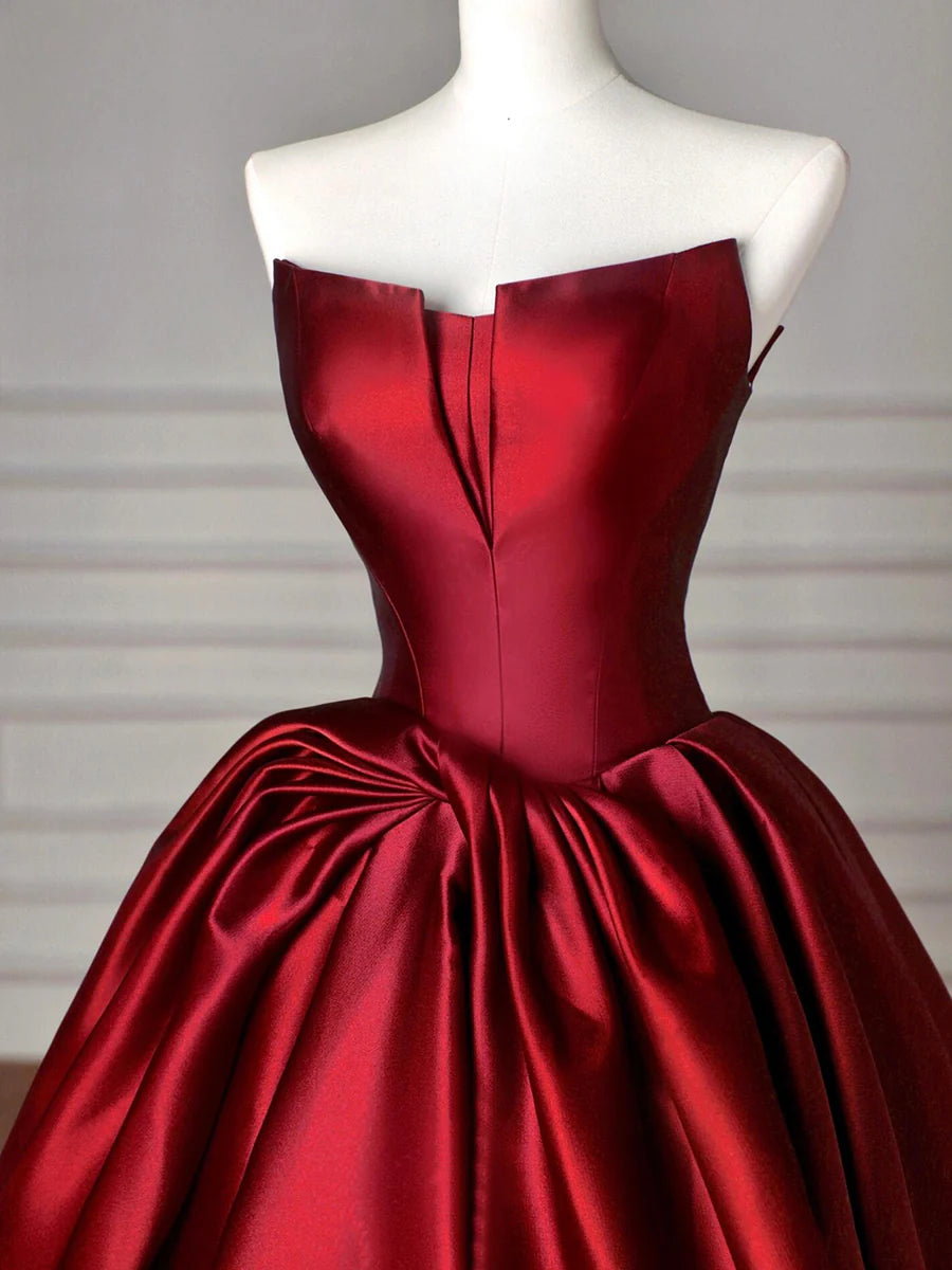 Burgundy Satin Pleated Strapless A-Line Floor Length Prom Dress Evening Party Dress