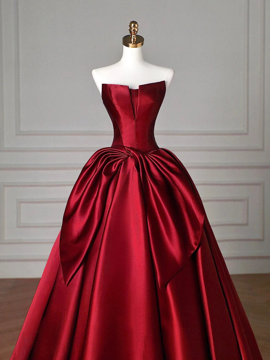 Burgundy Satin Pleated Strapless A-Line Floor Length Prom Dress Evening Party Dress