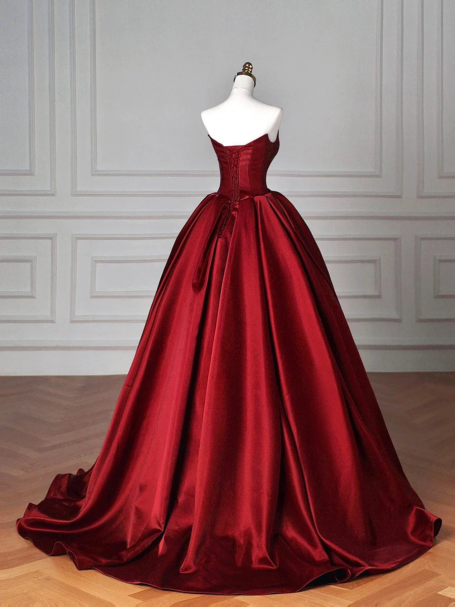 Burgundy Satin Pleated Strapless A-Line Floor Length Prom Dress Evening Party Dress