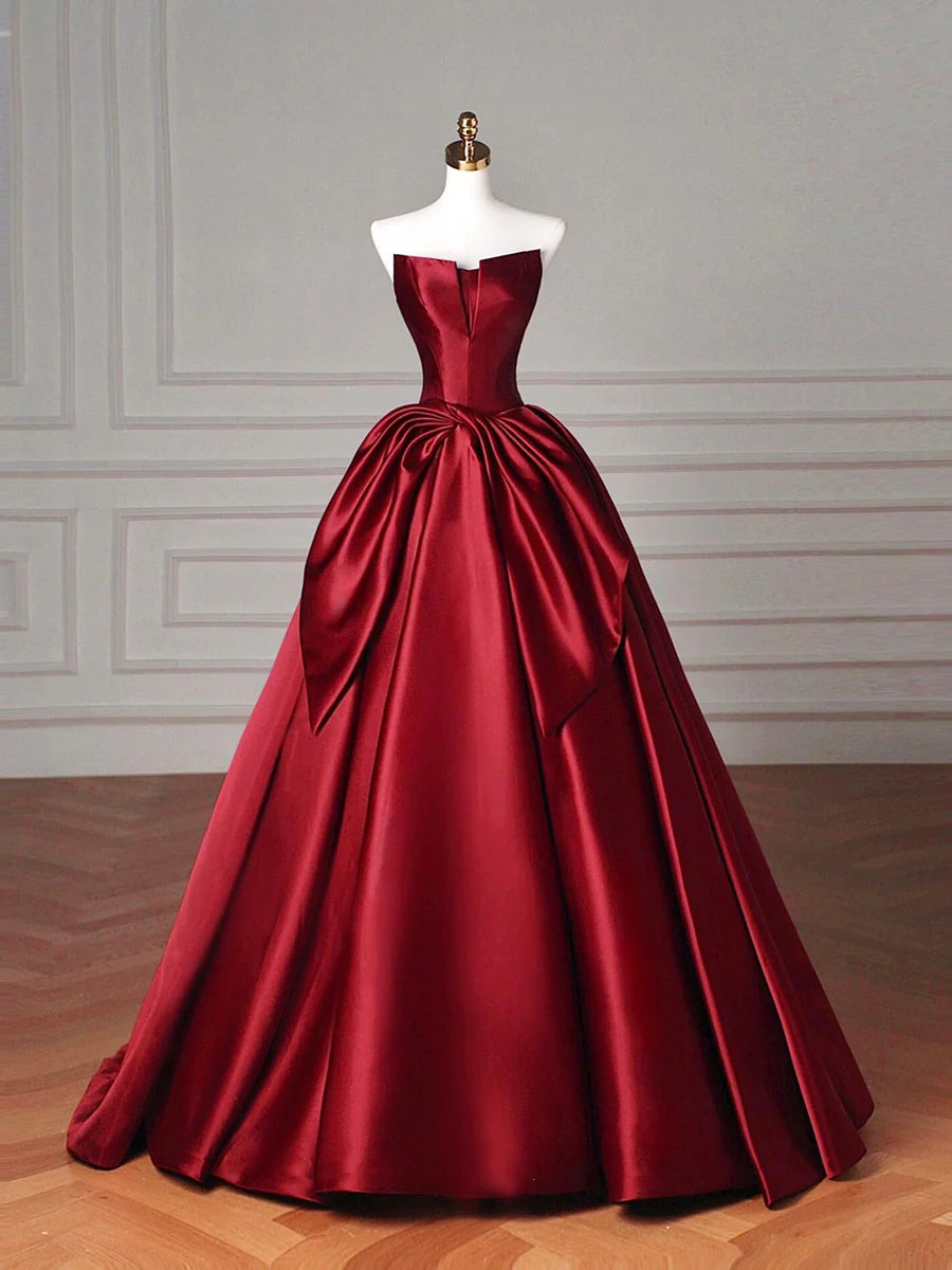 Burgundy Satin Pleated Strapless A-Line Floor Length Prom Dress Evening Party Dress