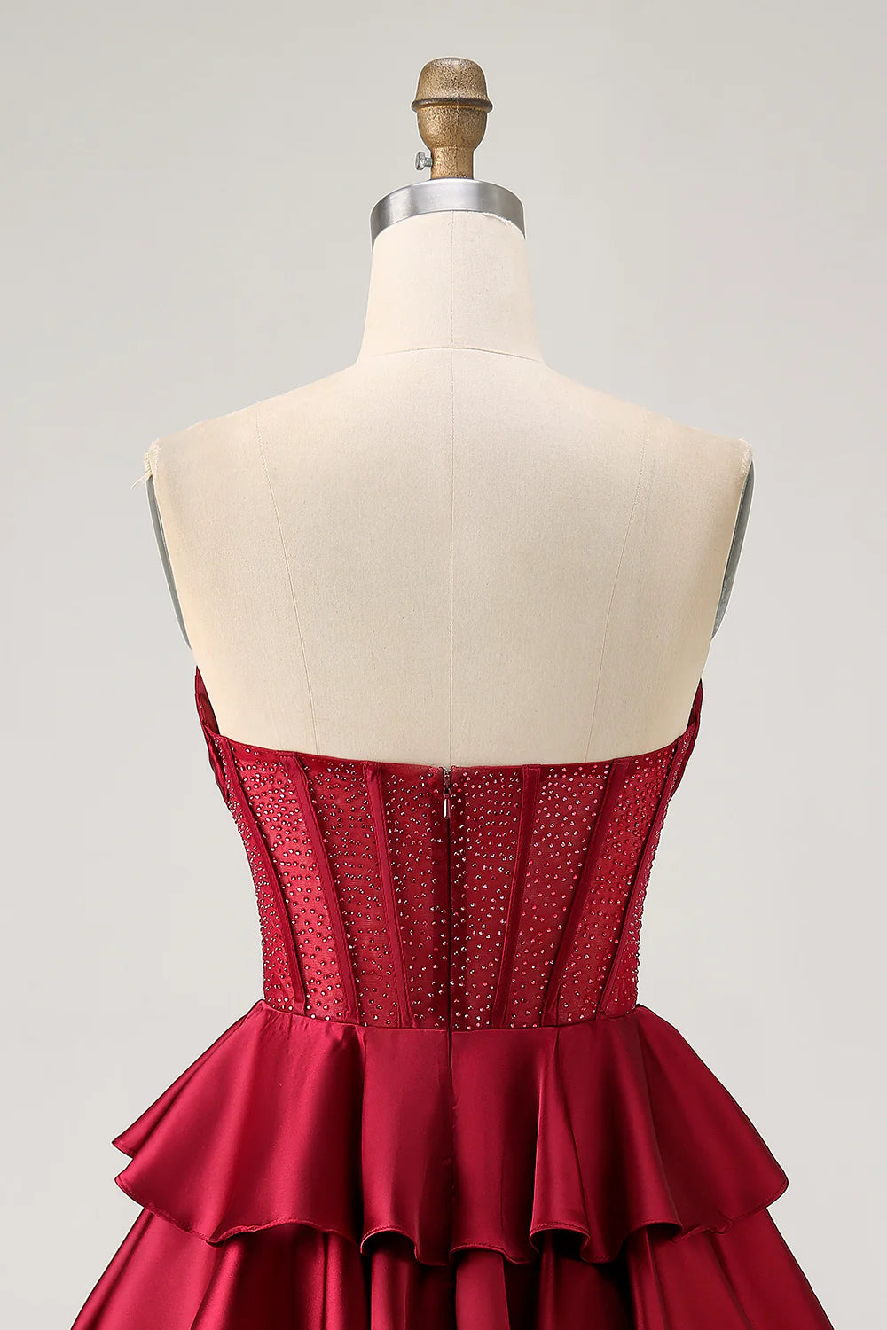 Burgundy Satin Pleated Strapless A Line Open Back Tiered Corset Short Homecoming Dress