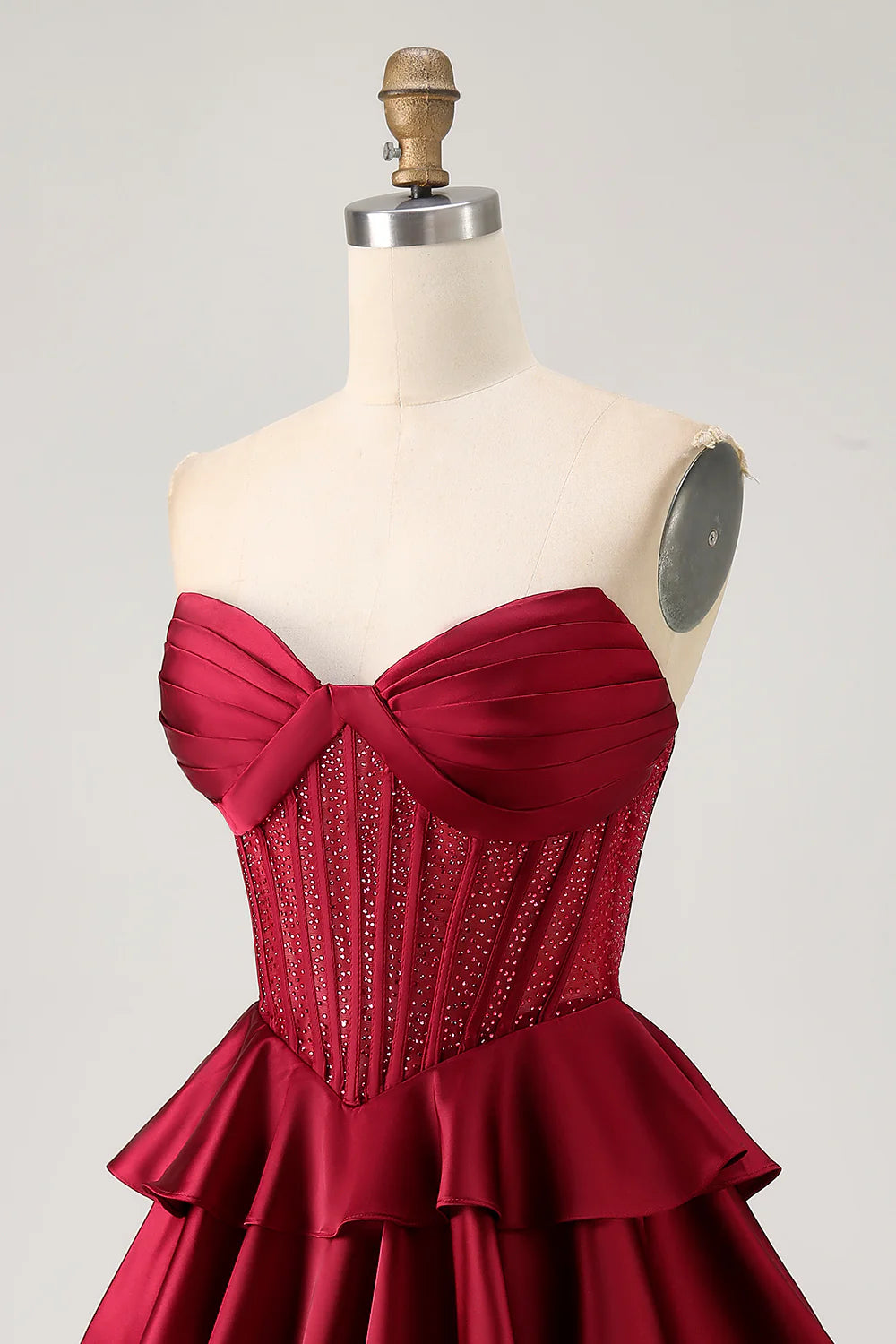 Burgundy Satin Pleated Strapless A Line Open Back Tiered Corset Short Homecoming Dress