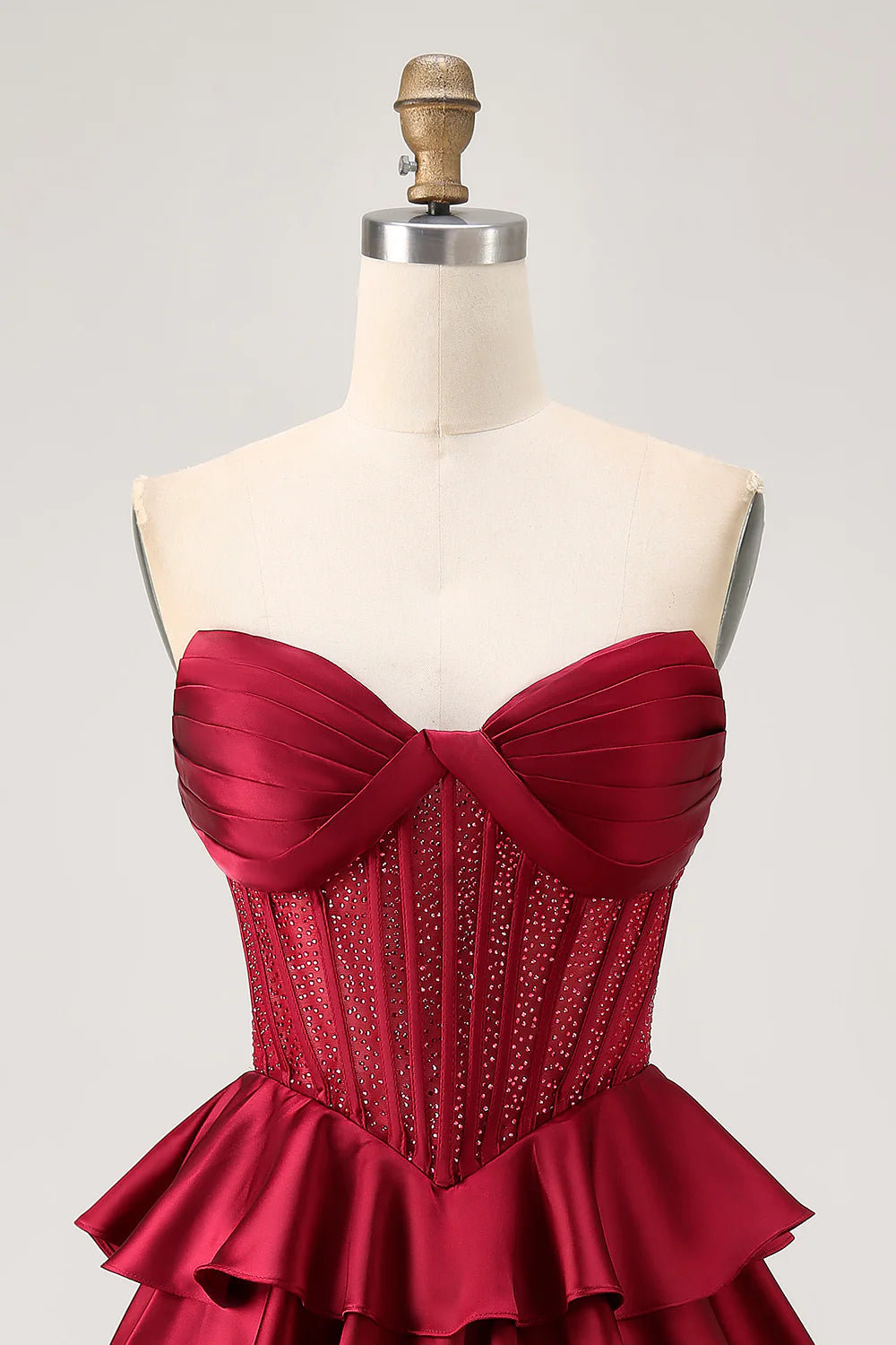 Burgundy Satin Pleated Strapless A Line Open Back Tiered Corset Short Homecoming Dress