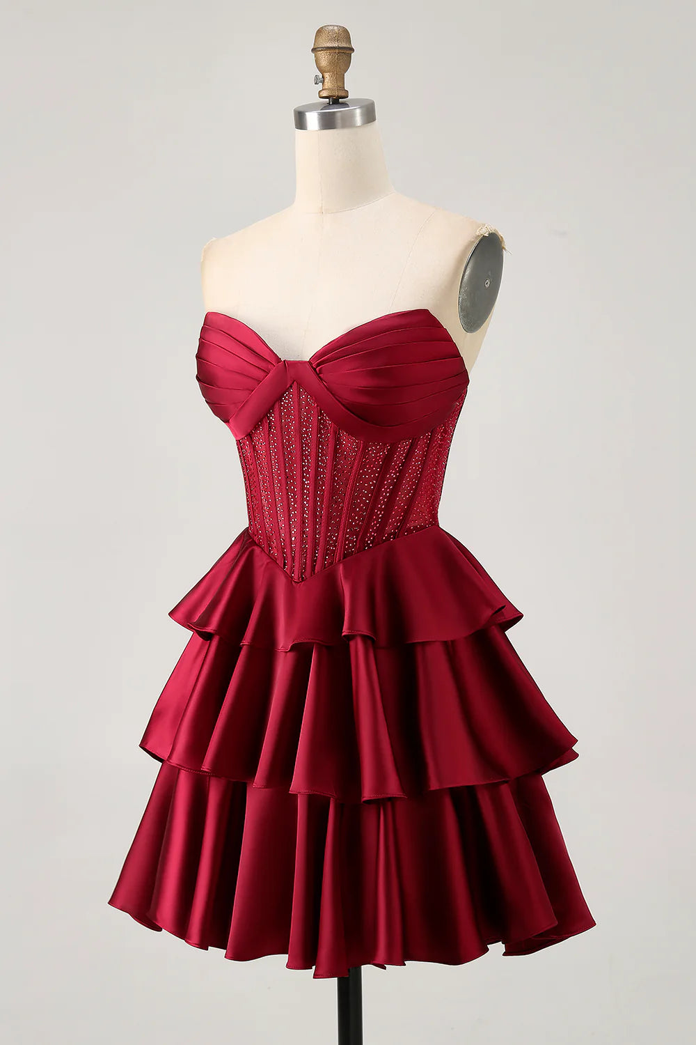 Burgundy Satin Pleated Strapless A Line Open Back Tiered Corset Short Homecoming Dress