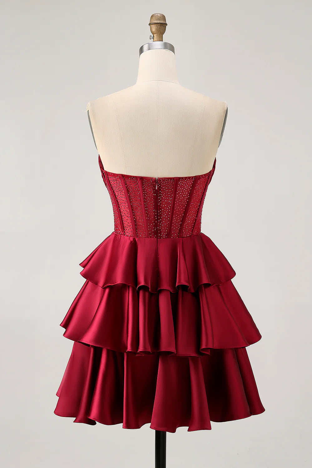 Burgundy Satin Pleated Strapless A Line Open Back Tiered Corset Short Homecoming Dress