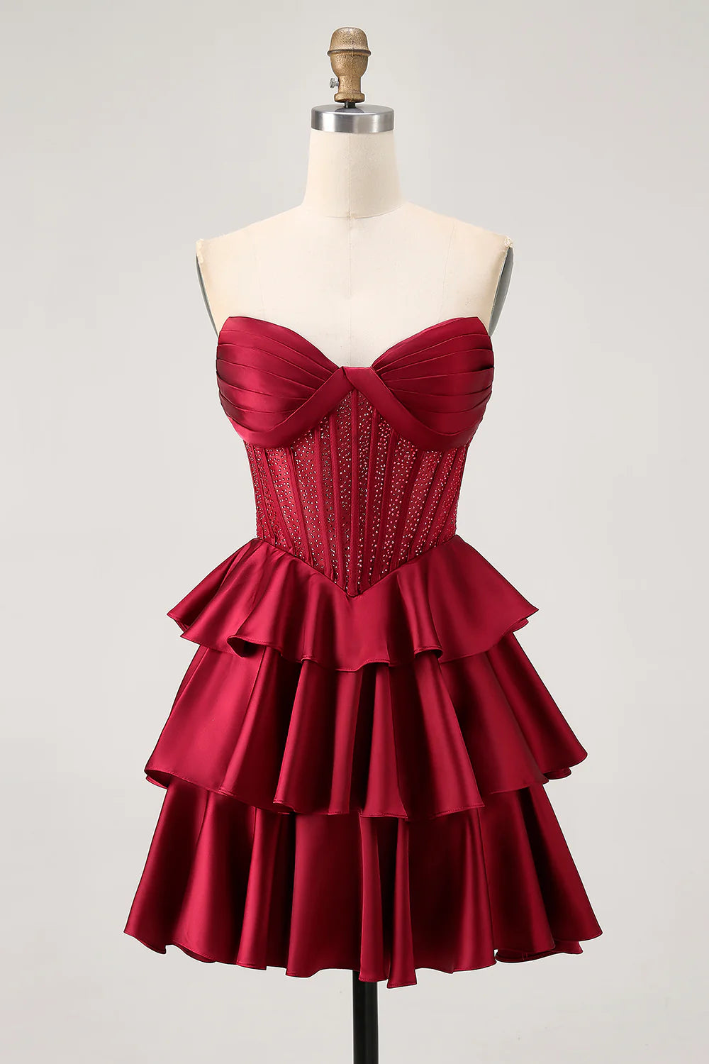 Burgundy Satin Pleated Strapless A Line Open Back Tiered Corset Short Homecoming Dress
