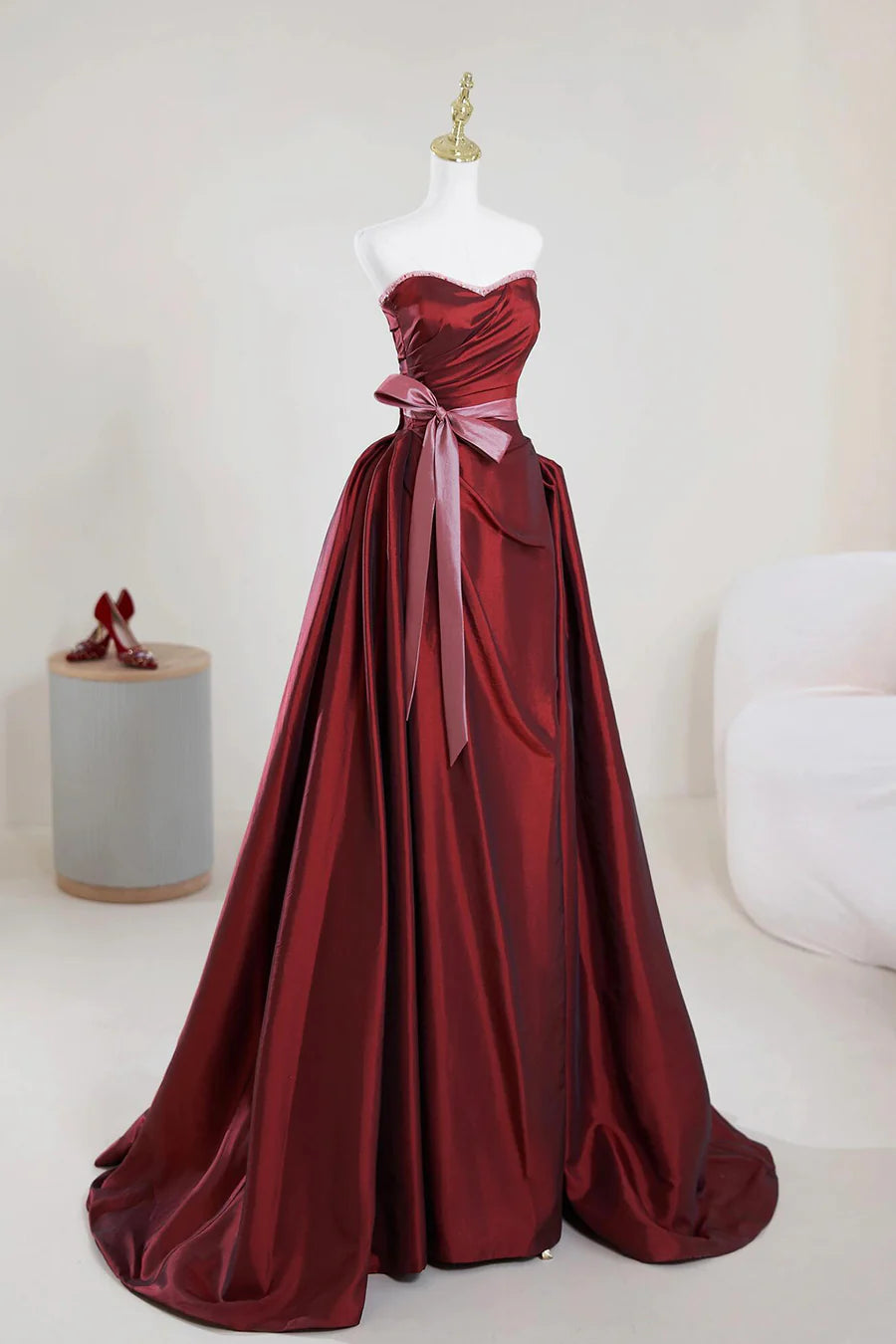 Burgundy Satin Pleated Sweetheart Neck A-Line Long Prom Dress Evening Party Dress