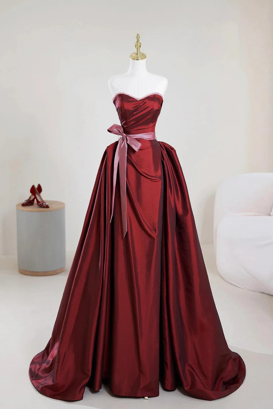 Burgundy Satin Pleated Sweetheart Neck A-Line Long Prom Dress Evening Party Dress