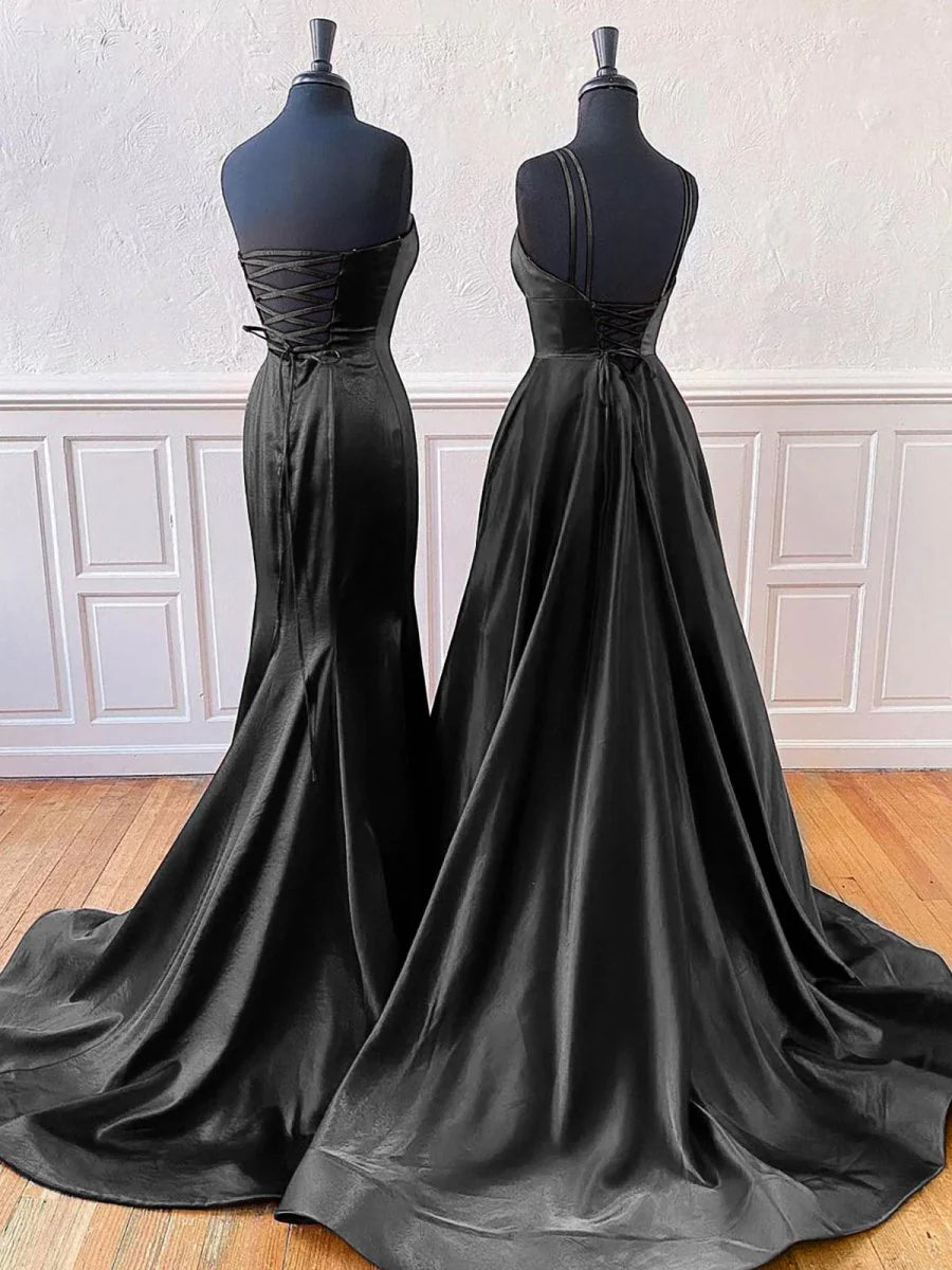 Burgundy Satin Sleeveless A-Line Or Mermaid Style Split Long Prom Dress With Sweep Train