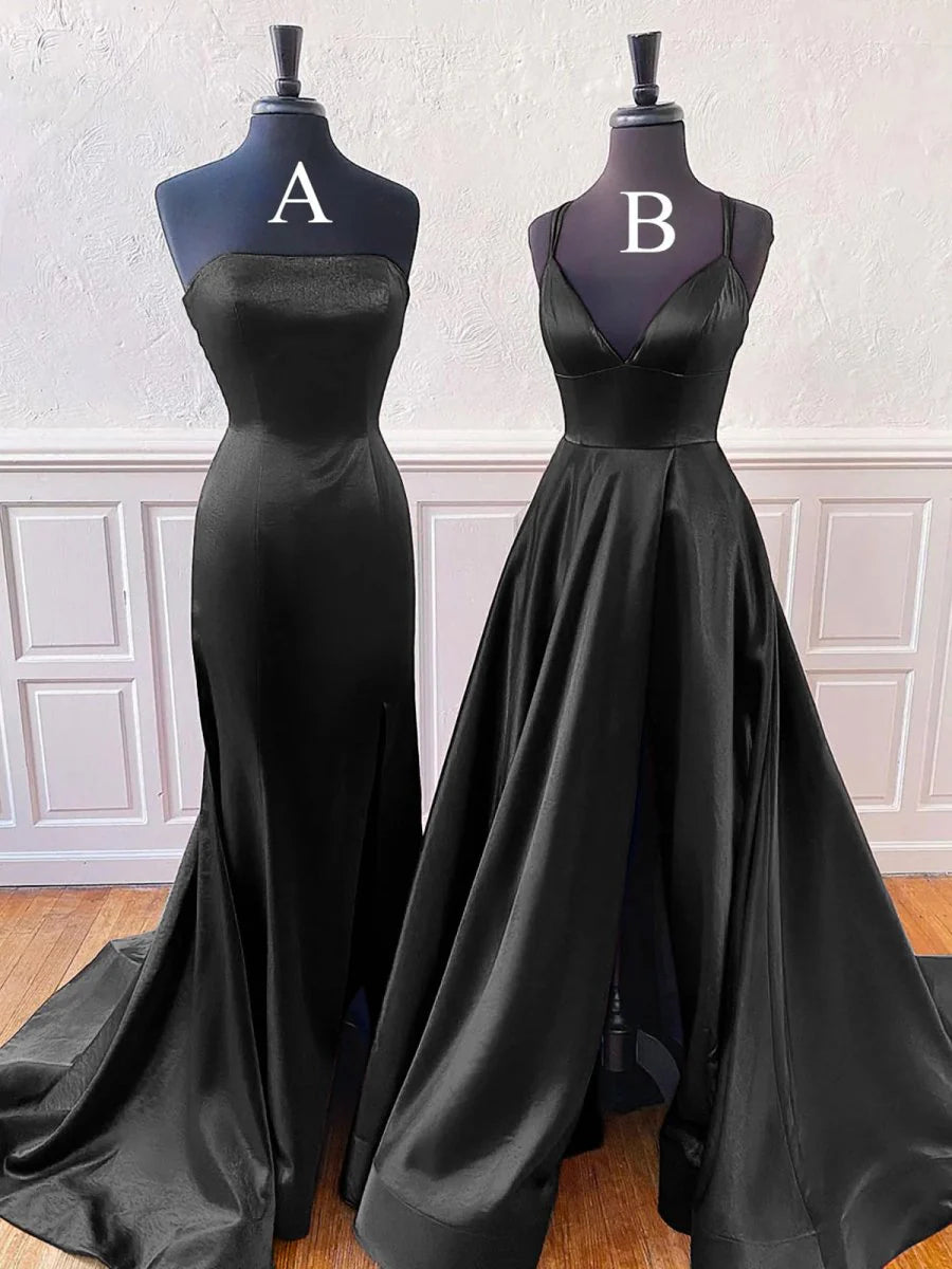 Burgundy Satin Sleeveless A-Line Or Mermaid Style Split Long Prom Dress With Sweep Train