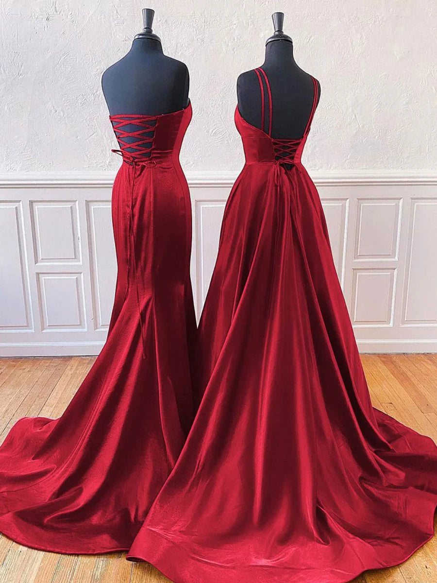 Burgundy Satin Sleeveless A-Line Or Mermaid Style Split Long Prom Dress With Sweep Train