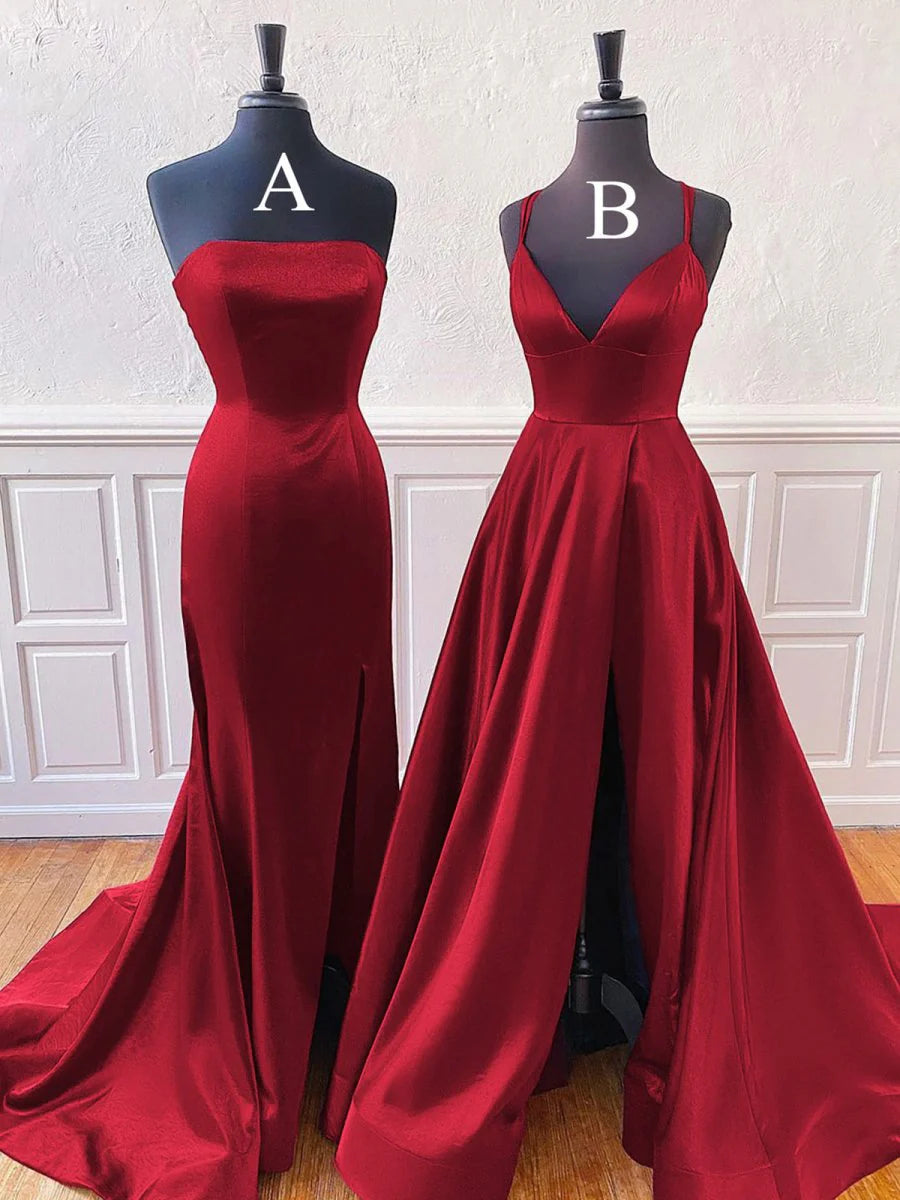 Burgundy Satin Sleeveless A-Line Or Mermaid Style Split Long Prom Dress With Sweep Train