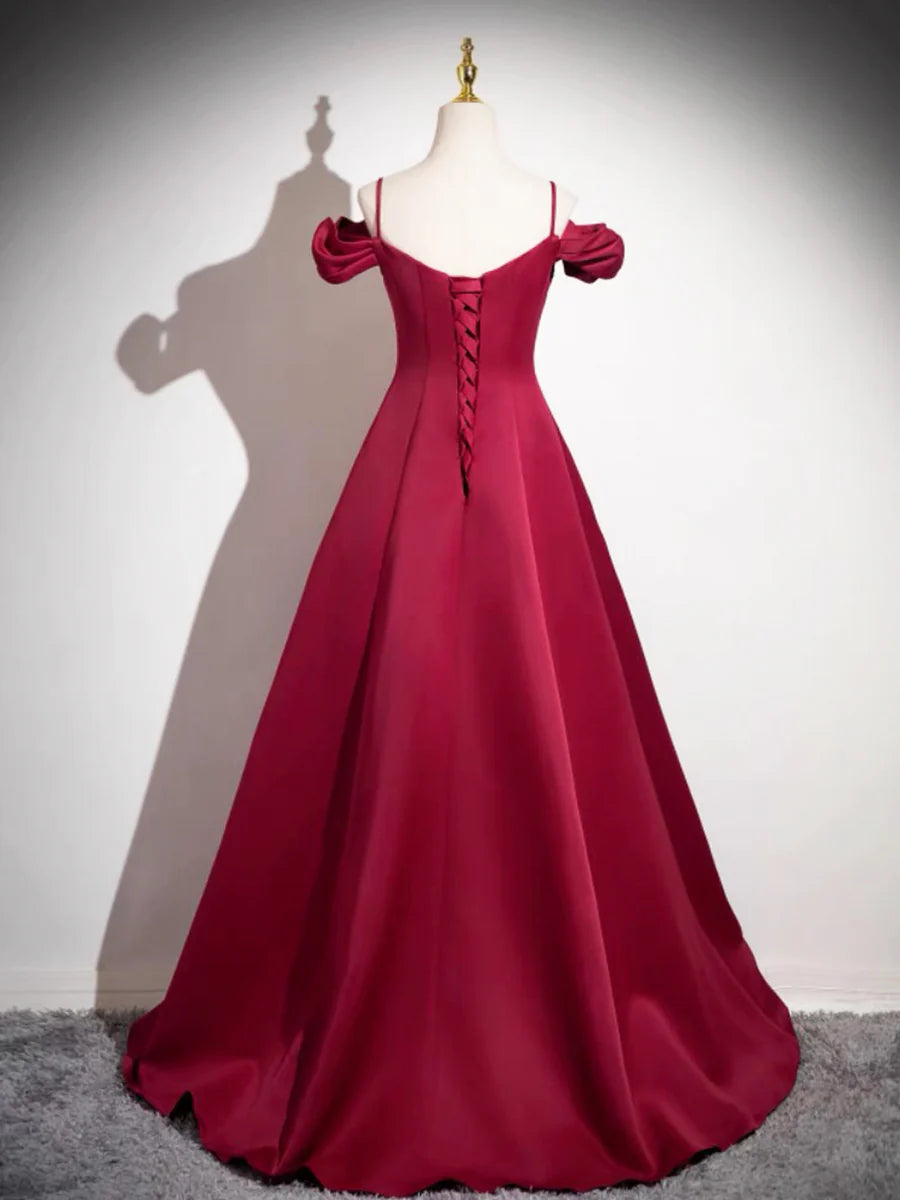 Burgundy Satin Spaghetti Strap Floor length Long Prom Dress A-Line Discount Long Evening Party Dress