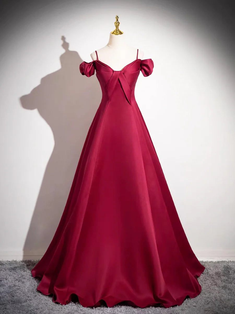 Burgundy Satin Spaghetti Strap Floor length Long Prom Dress A-Line Discount Long Evening Party Dress