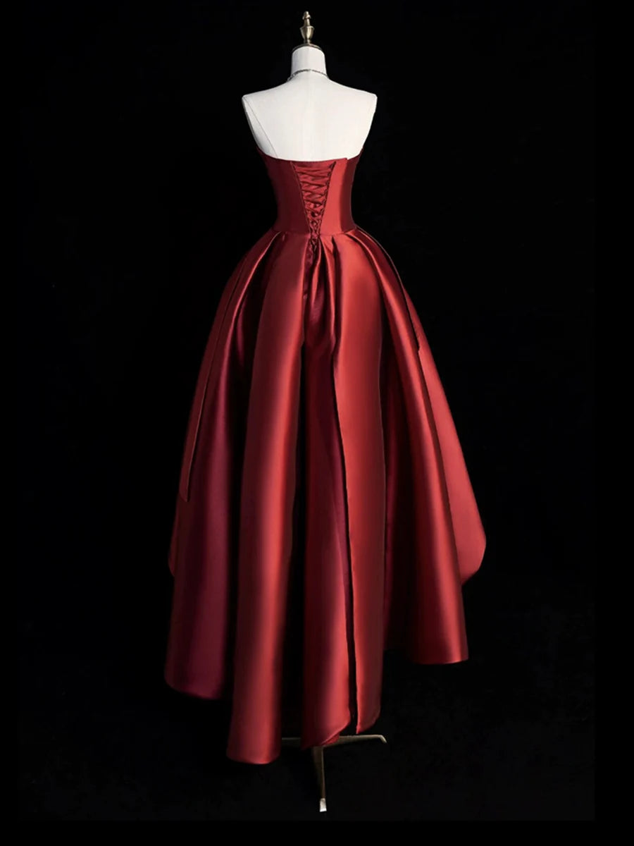 Burgundy Satin Strapless Back Lace-up High Low A-Line Prom Dress Party Dress
