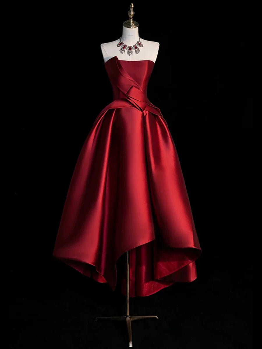 Burgundy Satin Strapless Back Lace-up High Low A-Line Prom Dress Party Dress