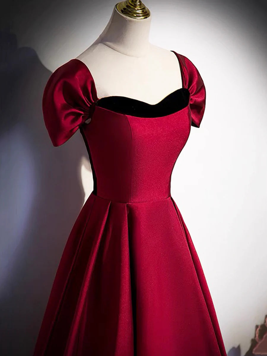 Burgundy Satin Strapless Long Prom Dress Simple A-Line Train Party Dress With Detachable Sleeve