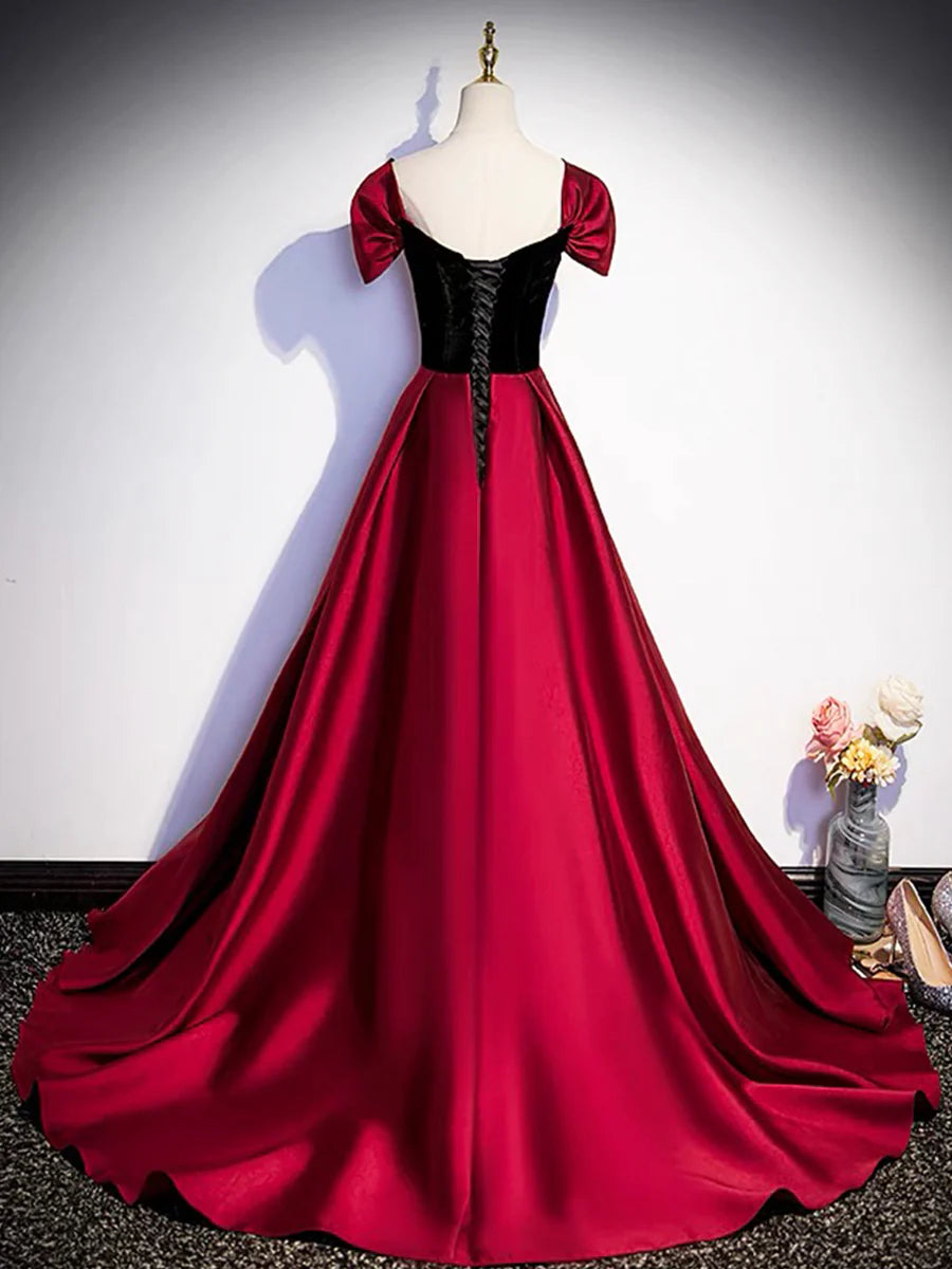 Burgundy Satin Strapless Long Prom Dress Simple A-Line Train Party Dress With Detachable Sleeve
