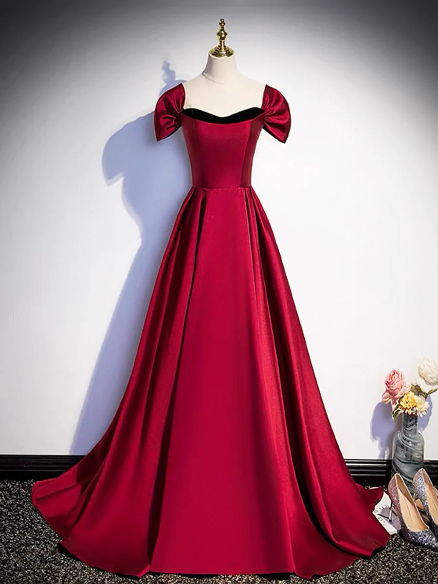 Burgundy Satin Strapless Long Prom Dress Simple A-Line Train Party Dress With Detachable Sleeve