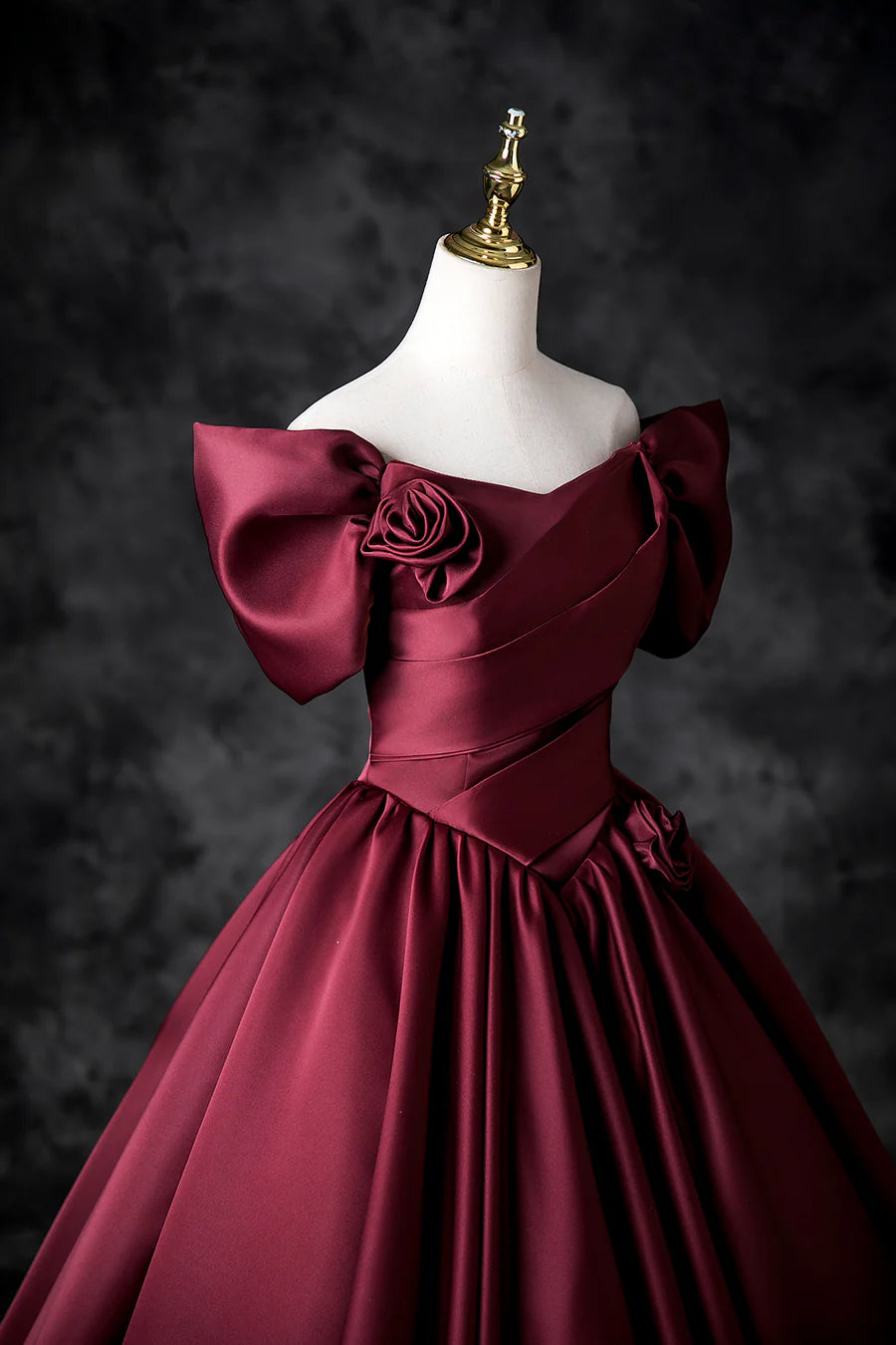 Burgundy Satin Sweetheart Neck Back Lace-up Off the Shoulder Floor Length Prom Dress Party Dress