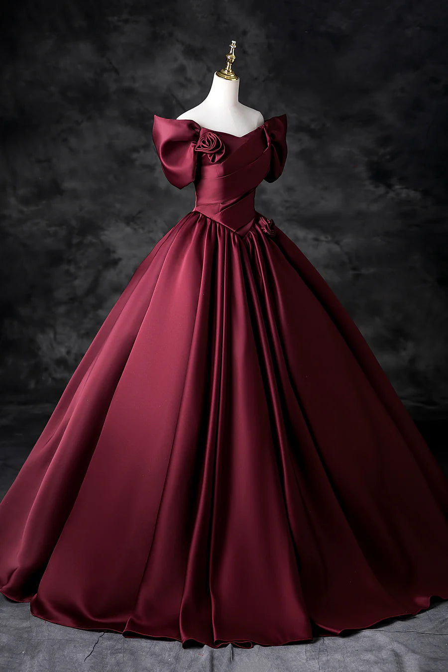 Burgundy Satin Sweetheart Neck Back Lace-up Off the Shoulder Floor Length Prom Dress Party Dress
