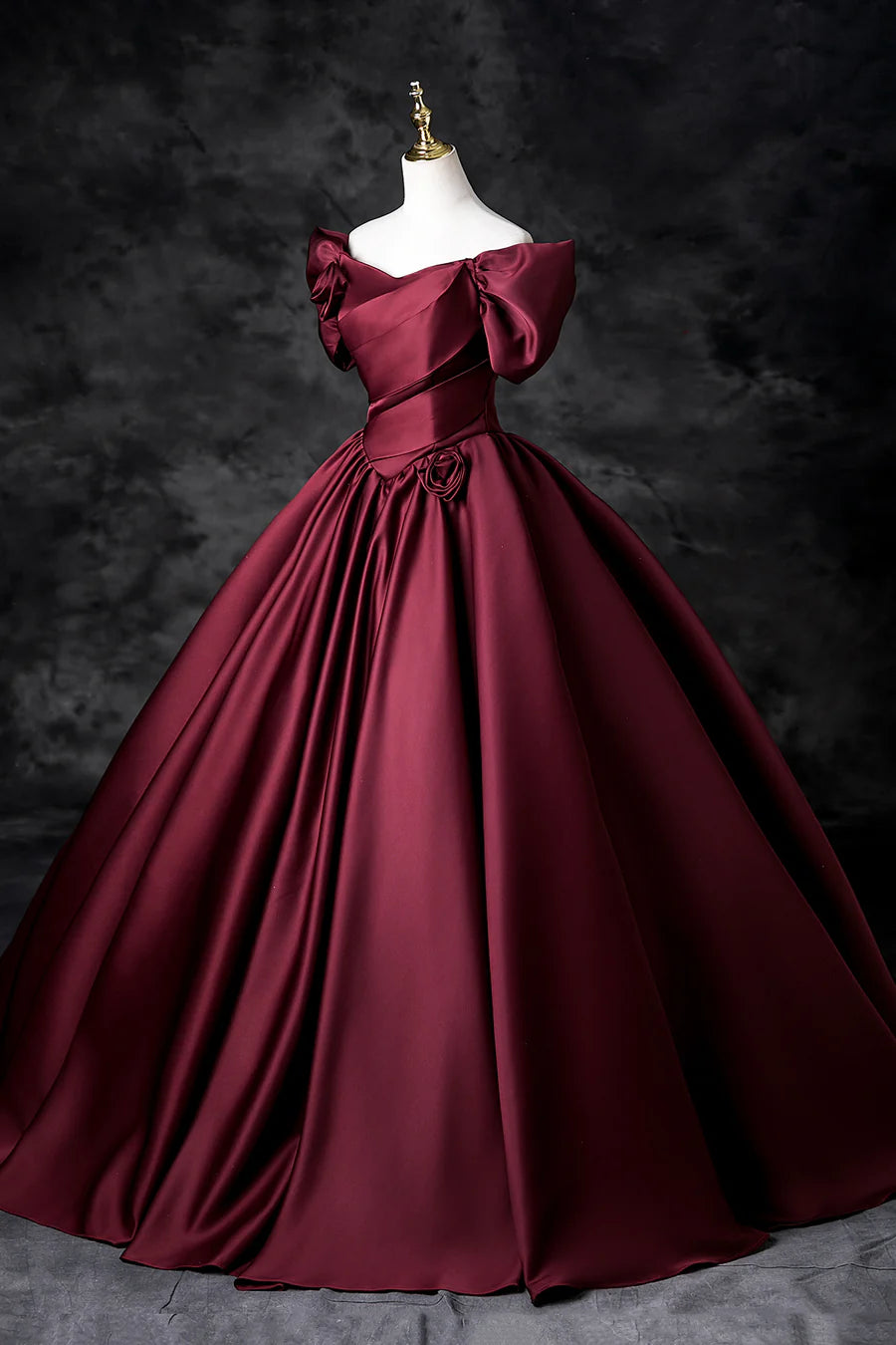 Burgundy Satin Sweetheart Neck Back Lace-up Off the Shoulder Floor Length Prom Dress Party Dress