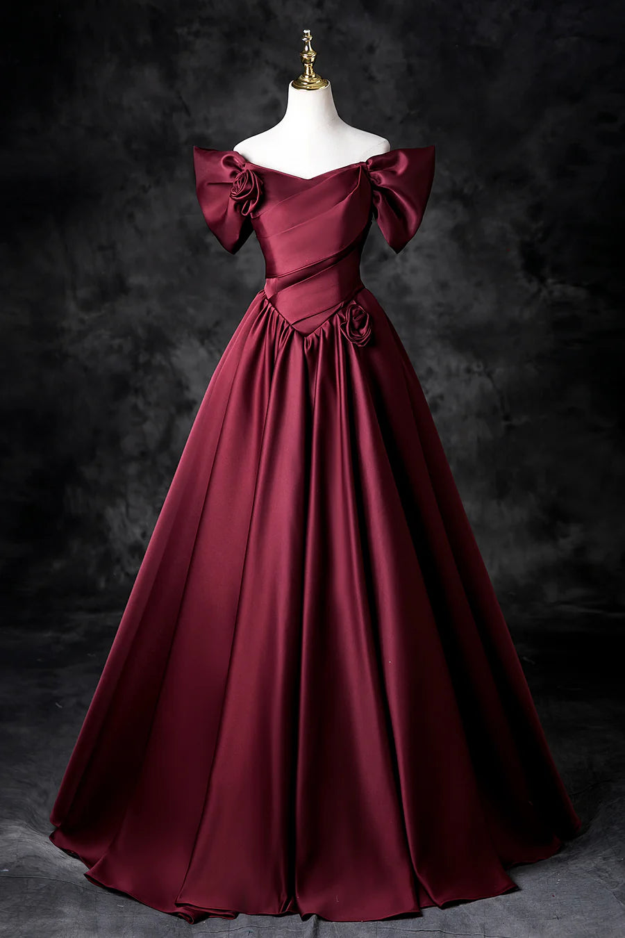 Burgundy Satin Sweetheart Neck Back Lace-up Off the Shoulder Floor Length Prom Dress Party Dress